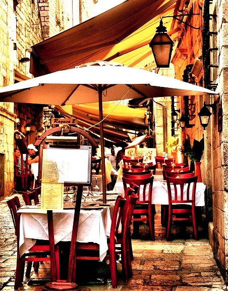Streetside restaurant in the old town of Dubrovnik, Croatia