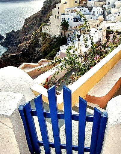 Cliffside walkway gate in Oia, Santorini Island, Greece