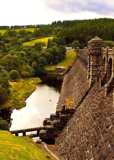Looking across the side of the dam at Lake Vyrnwy, Wales